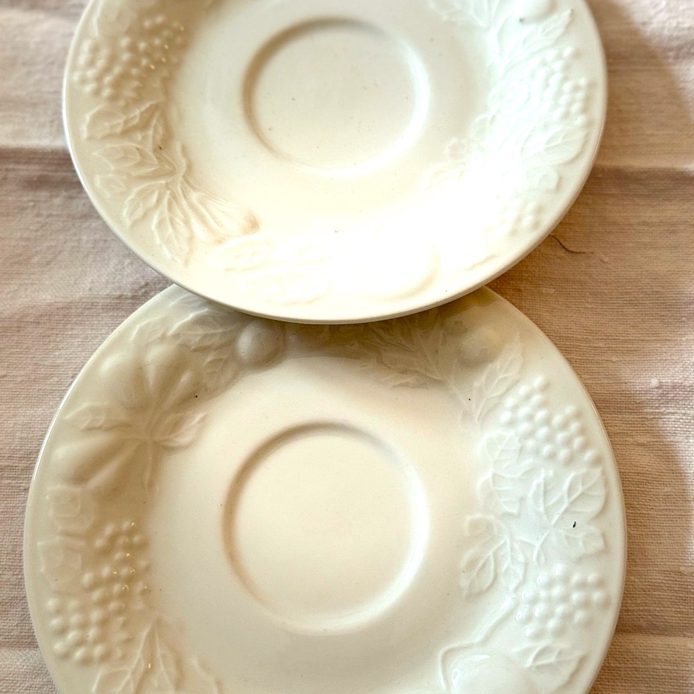 Gibson White Fruit Embossed 2 Saucer Plates Great Used Condition